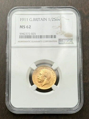 1911年 イギリス 1/2 ハーフ ソブリン金貨 NGC MS62 素晴らしい 146,300円