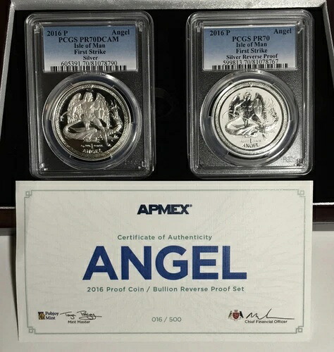 2016年 PCGS PR70 FS マン島 プルーフ＆リバース シルバーエンジェル 2枚セット - #016/500