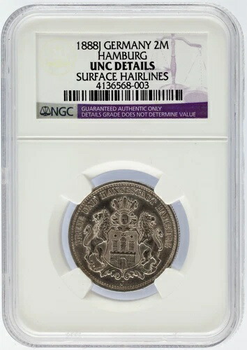 1888年 J ドイツ 2マルク 2M 銀貨 ハンブルク NGCグレード UNC 詳細