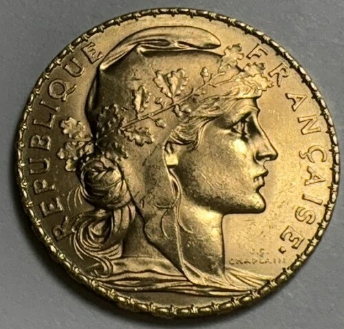 1910年 20 フラン-フレンチゴールドルースターコイン ?? AU ++ 状態良好 -