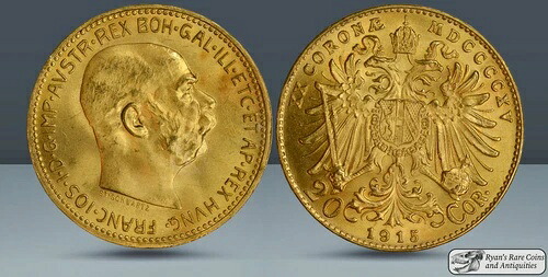 1915年オーストリア金貨、コロナ20枚、0.196オンス純金、ブリリアントアンサーキュレート、C7223