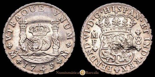 フェルナンド 6 世 8 レアル (26,72g) 1749 メキシコ エンセイドール M?F アウレオ イ カリコ - 473