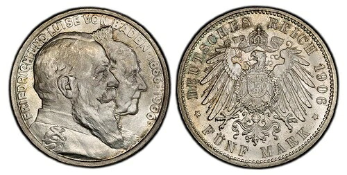 ドイツ聖バーデン。フリードリヒ1世。1906年 AR 5マルク。PCGS MS66。J-35。金婚式｜WORLD RESOURCE【QUEEN店】 195,800円