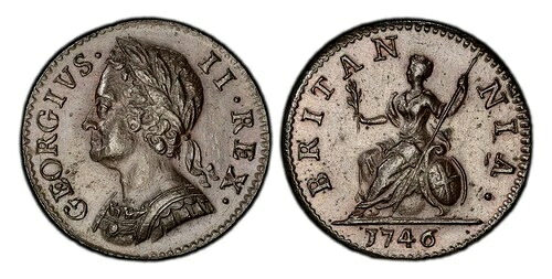 イギリス。ジョージ2世 1746年 CU ファージング。PCGS MS64BN（ブラウン）Peck 887; S-3722