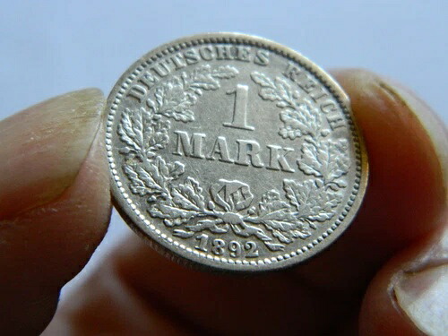 1892年 1(1) Mark G-Wilhelm II-ドイツ-シルバー .900 - 非常にレアなコイン-XF/AU-