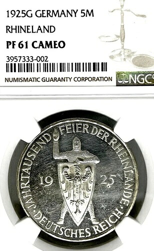 ドイツ、ワイマール共和国、1925 G、5マルク、1000年、ターラー、NGC PF 61 CAMEO PP