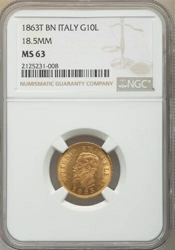 イタリア 18.5mm 1863-T BN 10リラ金貨 チョイス 未流通 NGC認定 MS63