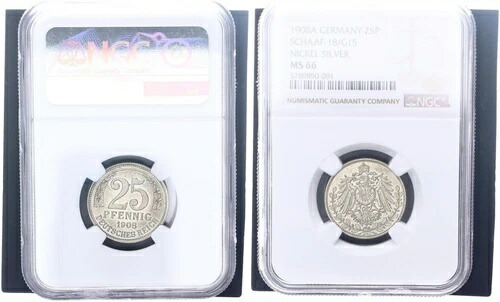 25 Pfennig 1908 aデザインサンプルフロントとバック異なるデザインのMS66 119013-