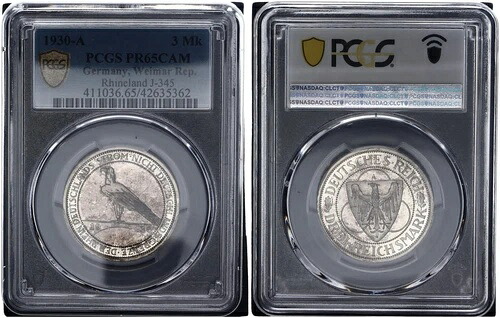 ワイマール 3 マーク 1930-A ラインシュトローム J.345 ラインランドロイムンク PCGS PR65CAM PP 120077