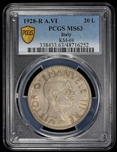 1928年 R VI イタリア KM-69 20L リラ銀貨 PCGS MS63