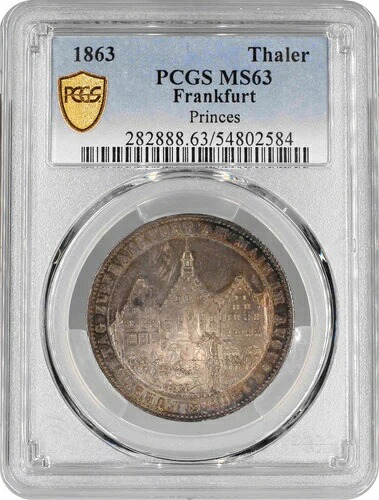 フランクフルト 1ターラー 1863年、PCGS MS63、「君主会議」銀貨