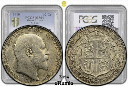 イギリス、エドワード7世、ハーフクラウン、1910年、PCGS MS 64