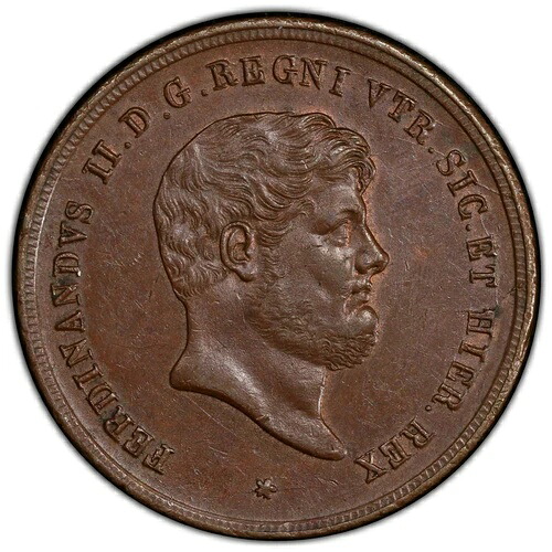 イタリア、ナポリ＆シチリア：1859年10月 トルネージ PCGS MS62BN ? 1859/8 ヴァリエーション？そう思う