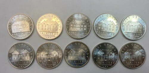 1989年製 175クローネ銀貨 10枚（未使用、紙封筒入り）