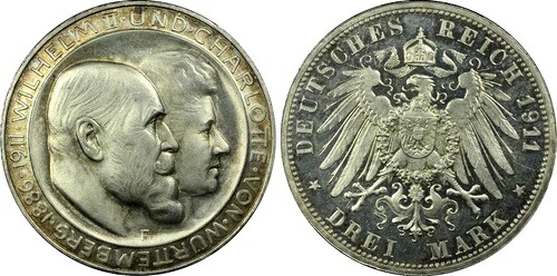 ドイツ ヴュルテンベルク ヴィルヘルム2世 結婚記念日 3マーク 1911年 PCGS プルーフ66!
