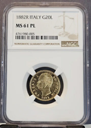 1882年 イタリア ゴールド 20リール G20L アンベルト I NGC MS 61 PL 美しいミラーサーフェイス -
