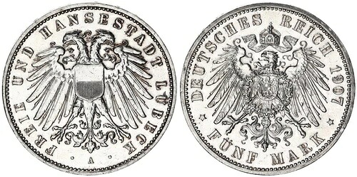 リューベック - ドイツ帝国 5マーク シルバー 1907 ハンザ都市 Vf 128279 202,950円