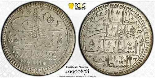 :1703 (AH1115) S1-KURUS トルコ AHMED-III PCGS MS-63 希少度 R6 12/19 高品位|WORLD RESOURCE【QUEEN店】