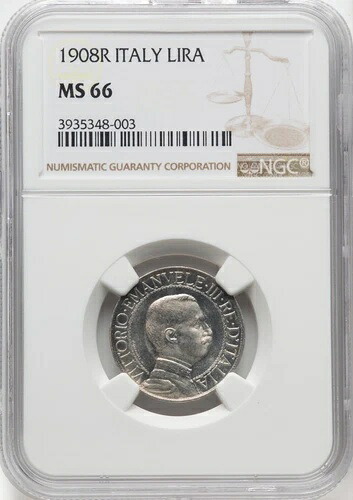 イタリア王国 1908-R 1 リラシルバーコイン 宝石 未流通 NGC認定 MS66-｜WORLD RESOURCE【QUEEN店】
