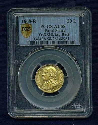 イタリア 教皇領 1868年 20リラ金貨 ほぼ未流通 PCGS AU58認定|WORLD RESOURCE【QUEEN店】