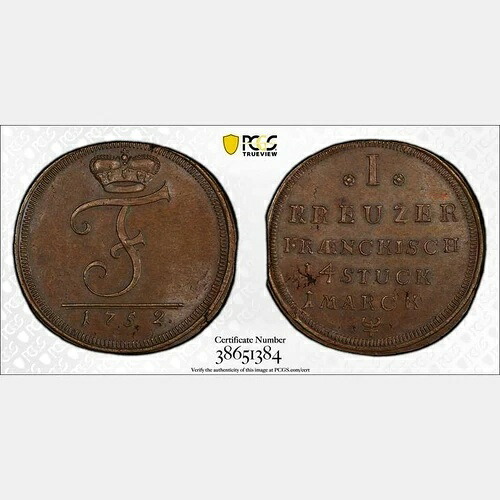 1752年 ドイツ クロイツァー ブランデンブルク=バイロイト。PCGS MS 63 BN。KM-209。最高級品|WORLD RESOURCE【QUEEN店】
