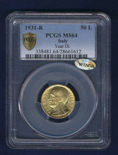 イタリア 1931年-R YR。 IX 50 リア未流通ゴールドコイン PCGS 認定 MS64-|WORLD RESOURCE【QUEEN店】