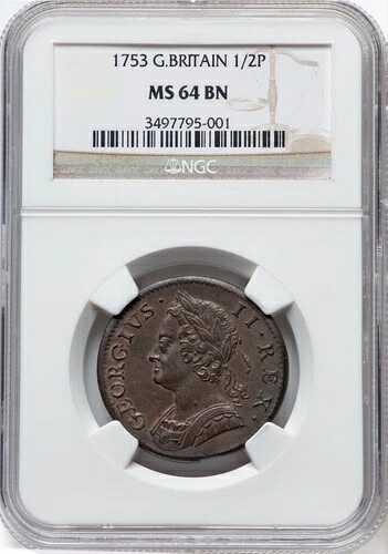 日本のジョージ II 1753 1/2D ハーフペニーコイン 未流通 NGC認定 MS63-BN-|WORLD RESOURCE【QUEEN店】