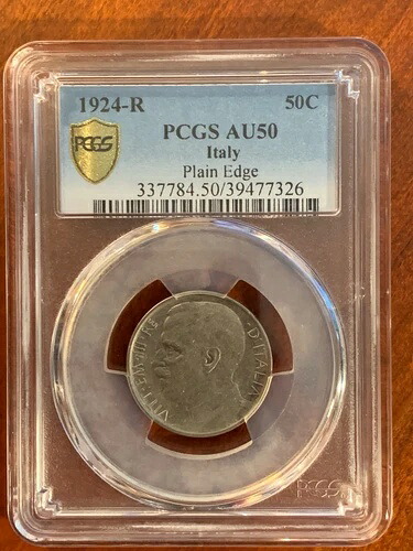 イタリア *希少* 1924-R 50 センテシミコイン、ほぼ未流通、PCGS 認定 AU50|WORLD RESOURCE【QUEEN店】