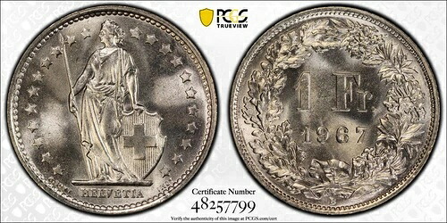 スイス 1967-B 1フラン PCGS MS67