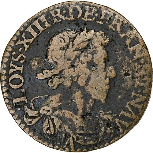 [#1277563] フランス、ルイ 13 世、ダブル トゥルノワ、1629 年、パリ、銅、VF、CGKL:39