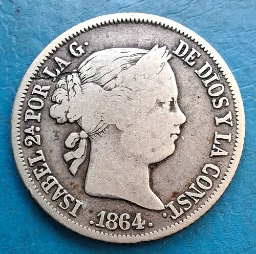 スペイン、1864年銀貨40センティモ（*6）、628.2キロ 39,325円
