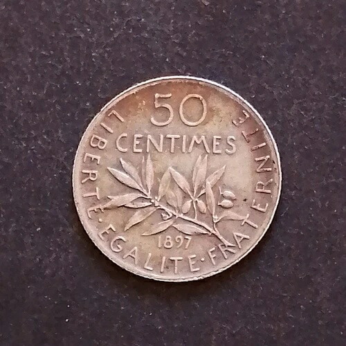 レア 1897 年 フランス第 3 共和国、REPUBLIQUE FRANCAISE ミントマークなし 50 サンタイム