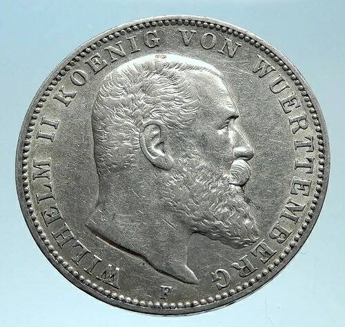 1908年 Fドイツ ドイツ ヴュルテンベルク ヴィルヘルム2世 純正シルバーコイン i78221-|WORLD RESOURCE【QUEEN店】