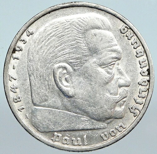1935A ドイツ第2代大統領パウル・フォン・ヒンデンブルク 銀貨 ドイツ5マルク i89956