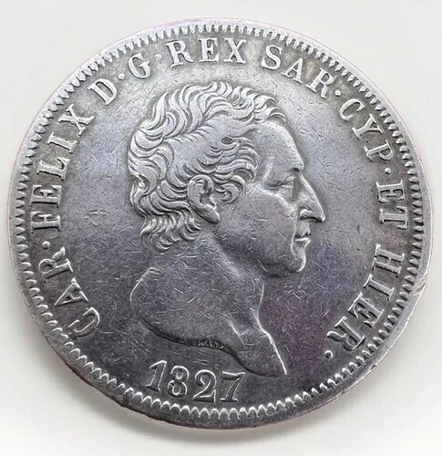 イタリアの州、サルディニア、カルロフェリーチェ、5リール、1827年、ジェノヴァ、KM#116 24.79g L017E-