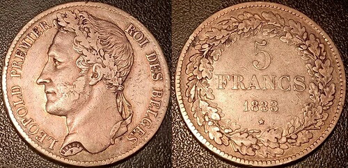ベルギー-レオポルド 1世-5フランシルバー 1833ポジションA 右に刻印!- 51,480円
