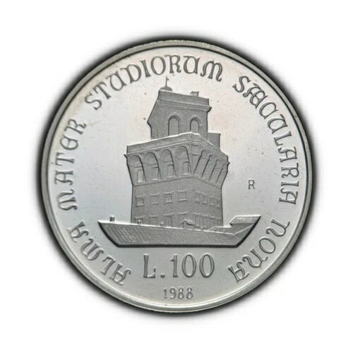 イタリア。 1988年、100リラ、銀 - ボローニャ大学、タワースペコラ2 RARE Proof画像