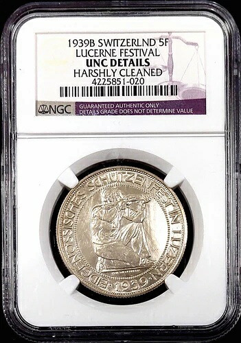 1939 B、スイス 5 フラン銀貨、ルツェルン フェスティバル、UNC 詳細は NGC による!