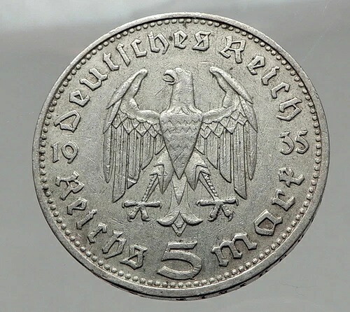 1935年 ドイツ 第2代大統領 パウル・フォン・ヒンデンブルク 銀貨 ドイツ5マルク i63023