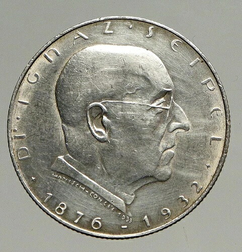 1933年 オーストリア イグナツ・ザイペル アンティークシルバー 2シリング オーストリア貨幣 i94124