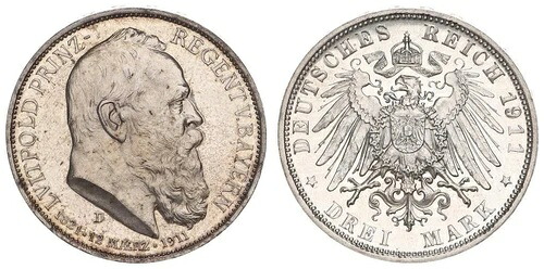 バイエルン90歳の誕生日、摂政ルイトポルト公爵、3マルク、1911年PP、着用感、古色85632 54,120円