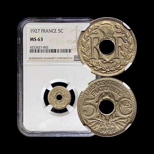 フランス。1927年、5サンチーム - NGC MS63 - 第三共和政、キーデート
