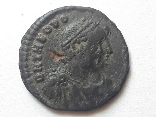 二重打刻、テオドシウス1世、西暦379-395年、ローマのブロッケージコイン
