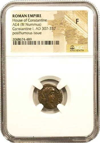 S-DS11 - コンスタンティヌス1世のローマAE4、マヌス・デイ（西暦337-340年）NGC（F）ファインコイン