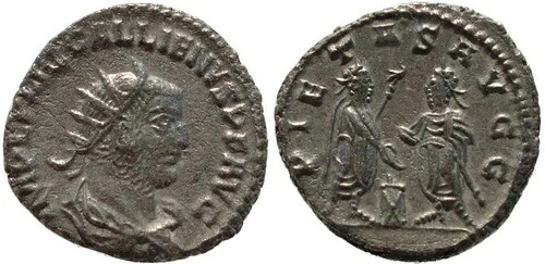 ガリエヌスのアントニニアヌスの古代ローマのコイン - PIETAS AVGG