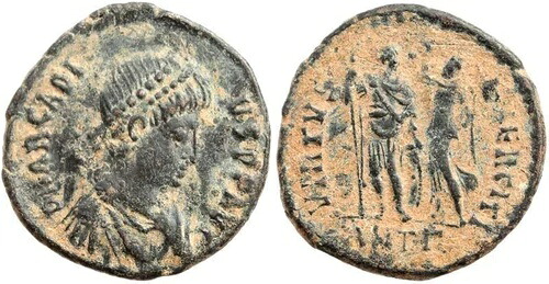アルカディウスのローマ硬貨 383-408AD VIRTVS EXERCITI - アンティオキア造幣局