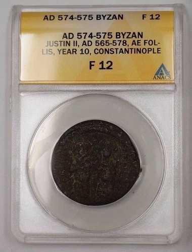 574-575 ビザン銀貨 ジャスティン II AE フォリス コンスタンティノープル ANACS F-12 PRX