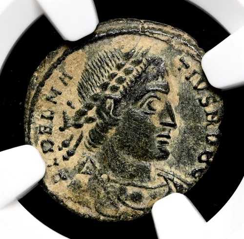ローマ帝国。デルマティウス、西暦 335 ～ 337 年。 ? ヌムス。基準を備えた兵士、NGC XF