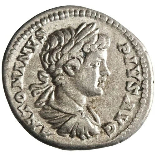 ローマ：カラカラ（198-217年）、デナリウス銀貨（3.20g）、ローマ造幣局、西暦201年。桂冠