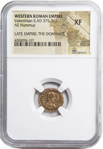 ヴァレンティニアヌス 2 世ローマ AE4 コイン AD 375-392 NGC XF ブロンズ歴史的収集品